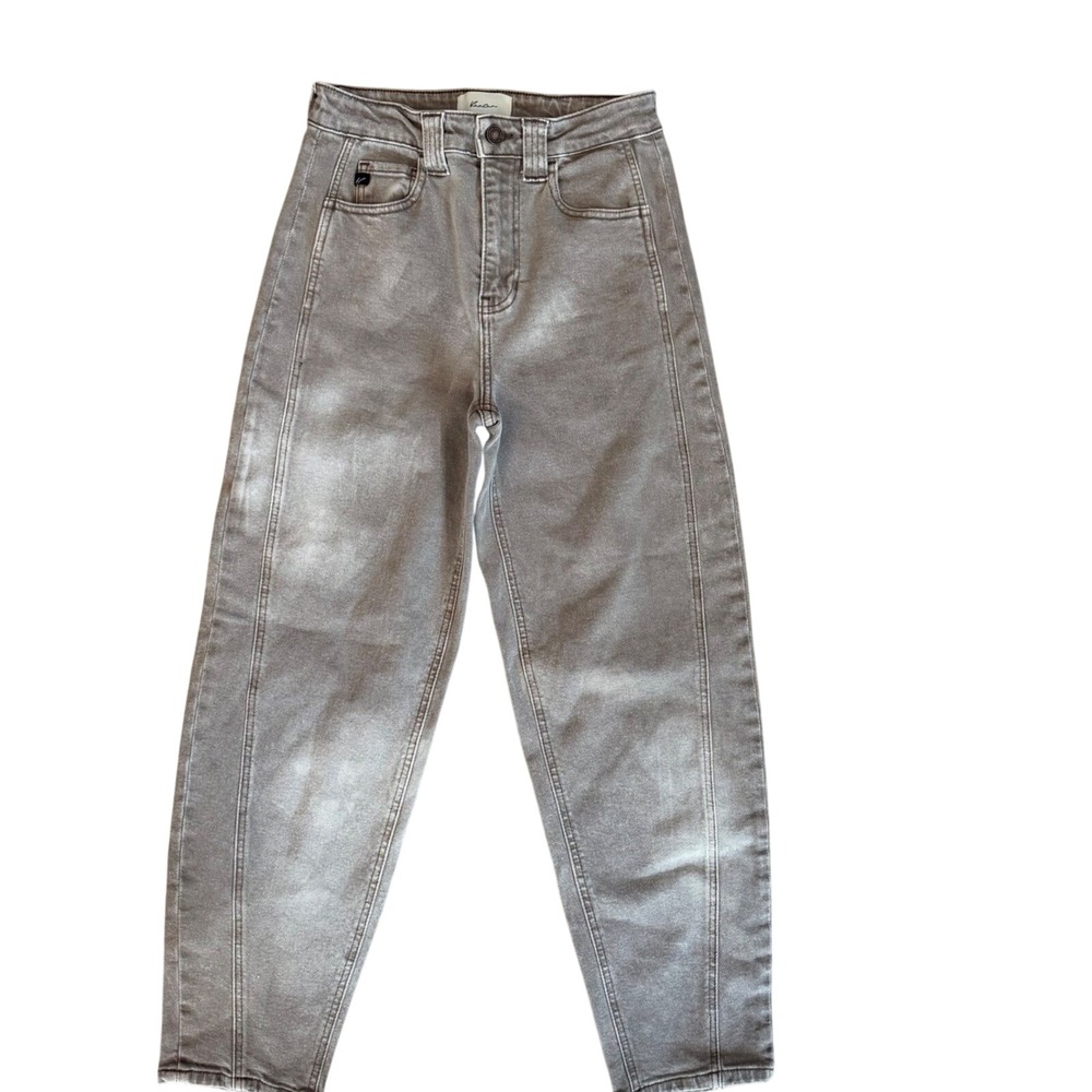 KanCan High Rise Front Seam Barrel Leg Jeans Taupe 0/23* Distressed Baggy